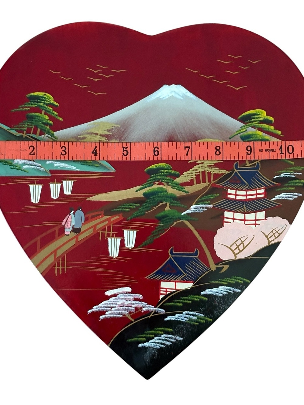 Vintage Japanese Lacquerware Trinket Mount Fuji Heart Shaped Box 50s 60s - Picture 5 of 10